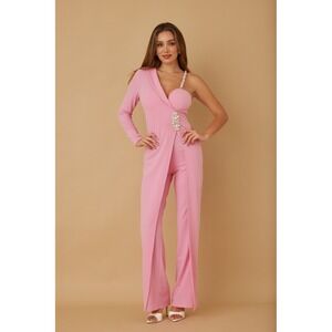 Pink One Shoulder Crystal Embellished Jumpsuit with Overlay Straight Leg Womens